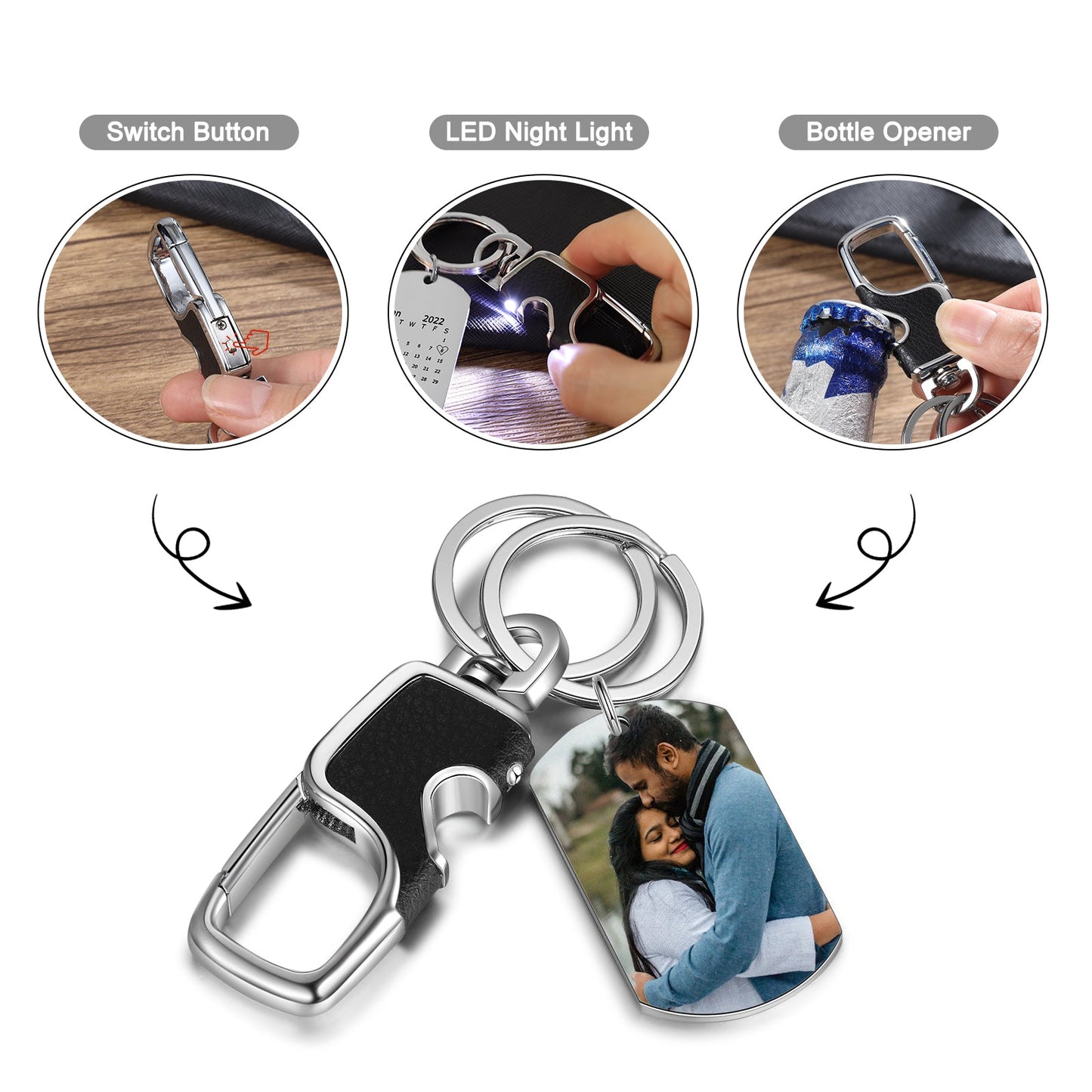 JO Custom Keychain Personalized Photo and Date Keychain With Light and Bottle Opener