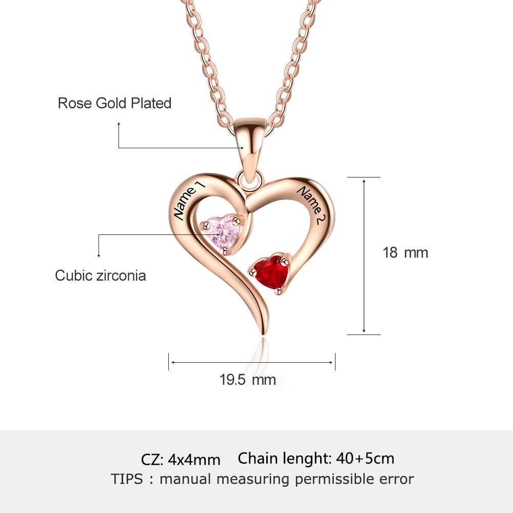 JO engraved necklace 14K Rose Gold Over Sterling Silver Custom 2 Stone Heart Mother's Necklace or Couple's Necklace 2 Engraved Names
