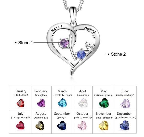 JO engraved necklace Custom 2 Stone Personalized Mothers Necklace or Couples Necklace Love Design