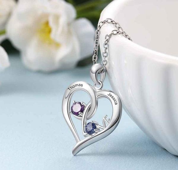 JO engraved necklace Custom 2 Stone Personalized Mothers Necklace or Couples Necklace Love Design