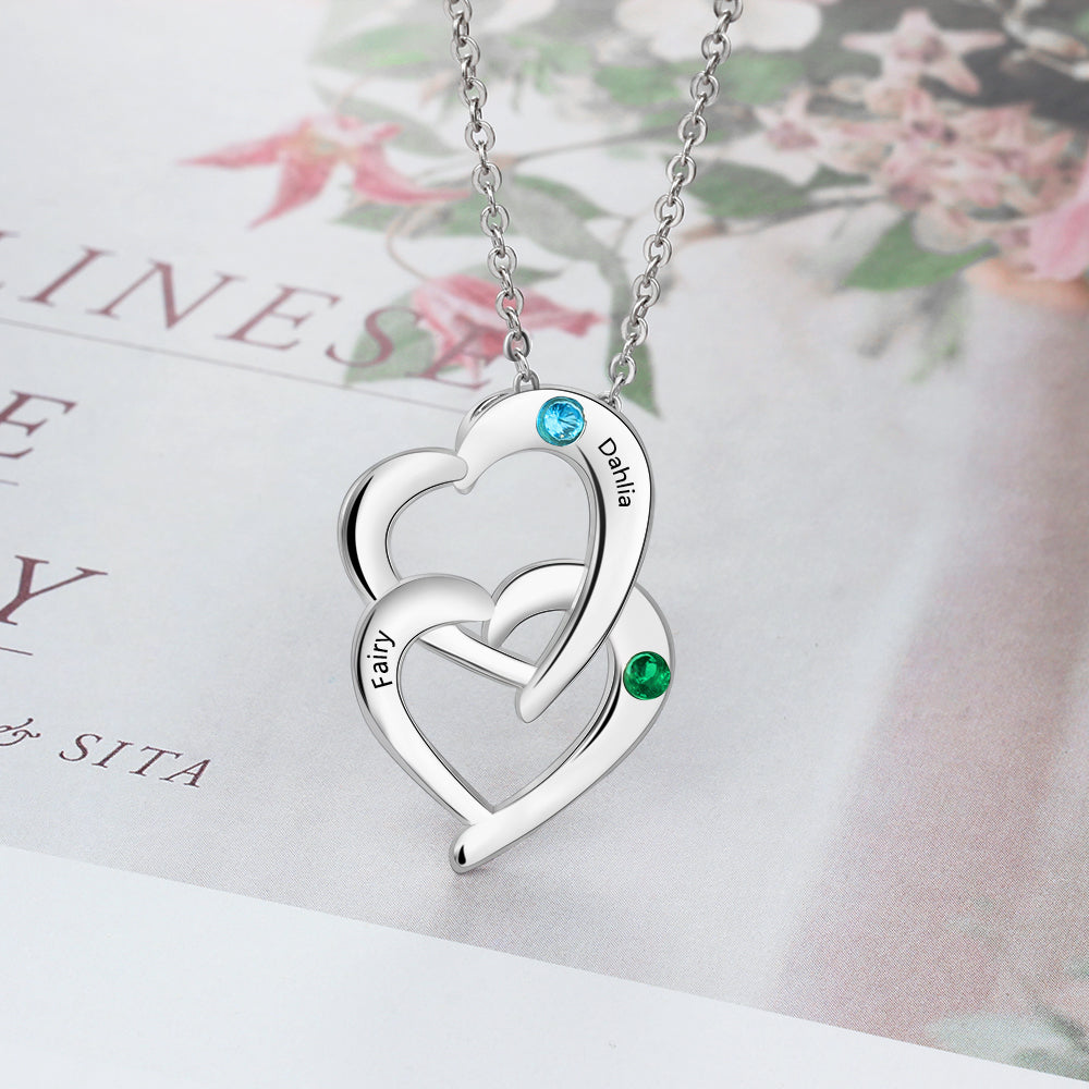 JO engraved necklace Personalized Mother's Necklace 2 Birthstones Linked Hearts 2 Engraved Names