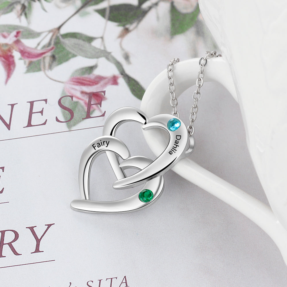 JO engraved necklace Personalized Mother's Necklace 2 Birthstones Linked Hearts 2 Engraved Names