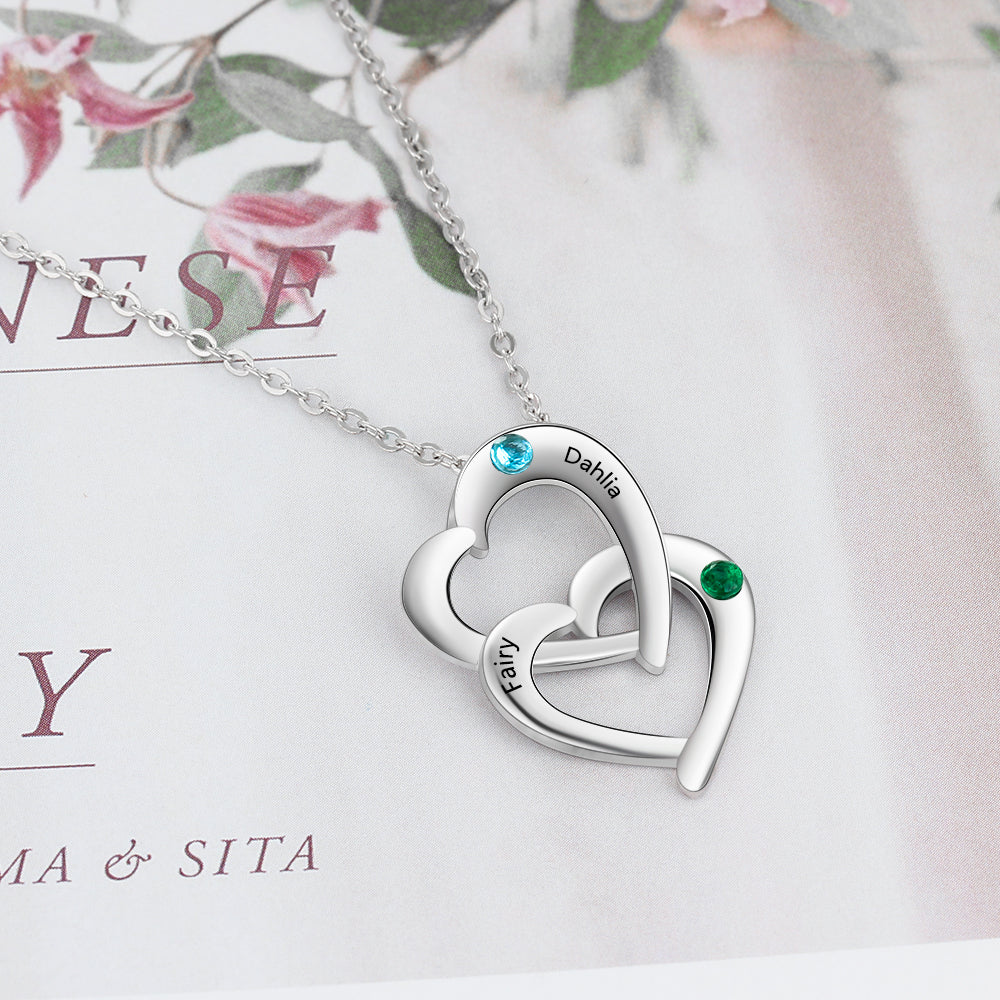 JO engraved necklace Personalized Mother's Necklace 2 Birthstones Linked Hearts 2 Engraved Names