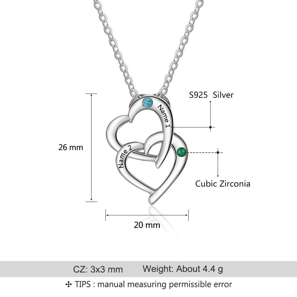 JO engraved necklace Personalized Mother's Necklace 2 Birthstones Linked Hearts 2 Engraved Names