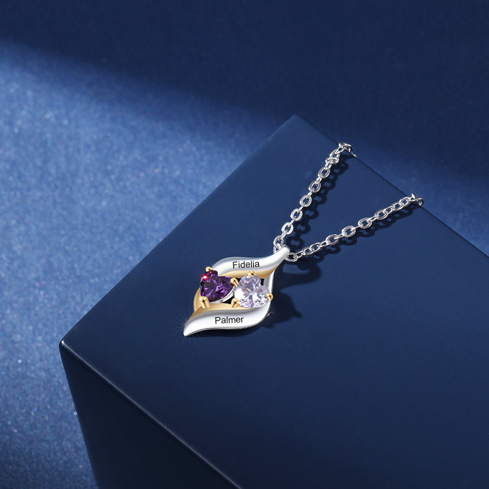 JO engraved necklace Personalized Mother's Necklace Gold Accents 2 Heart Birthstone 2 Engraved Names