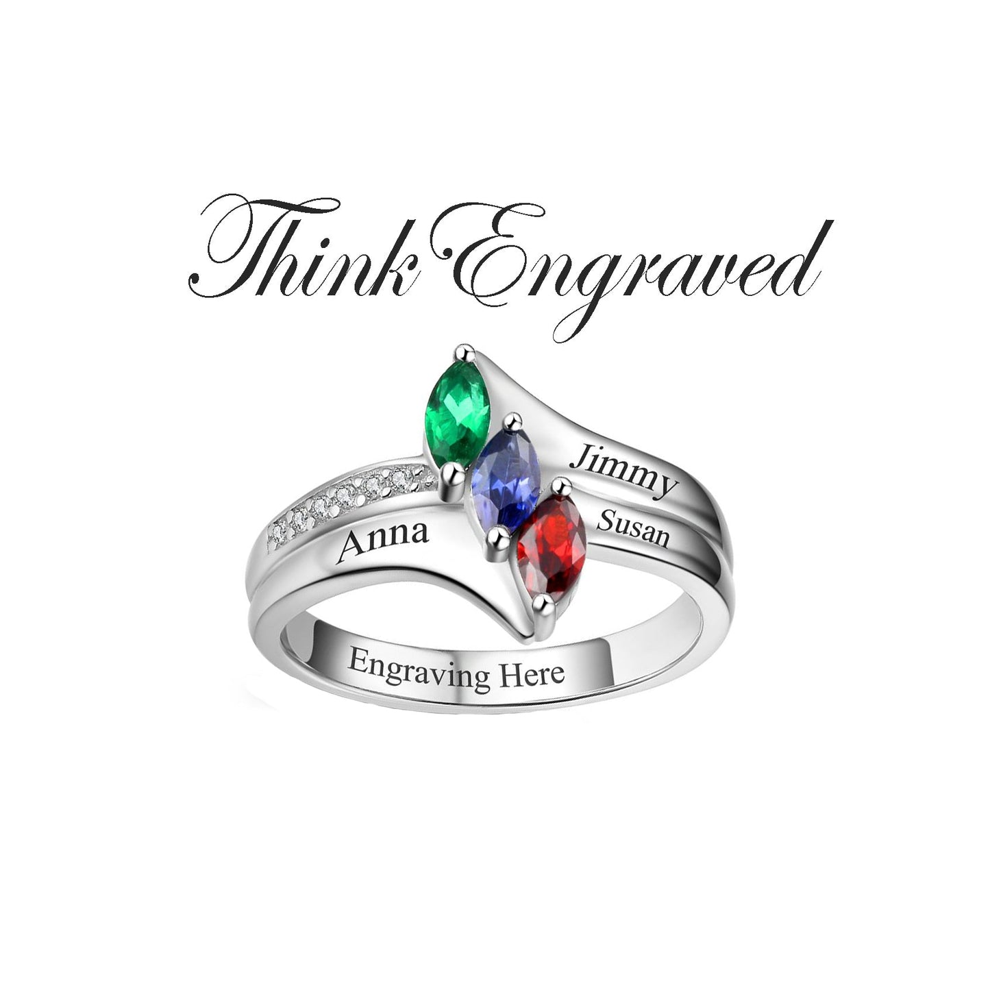 JO Mother's Ring 3 Birthstone Mother's Ring Triple Marquis 3 Names