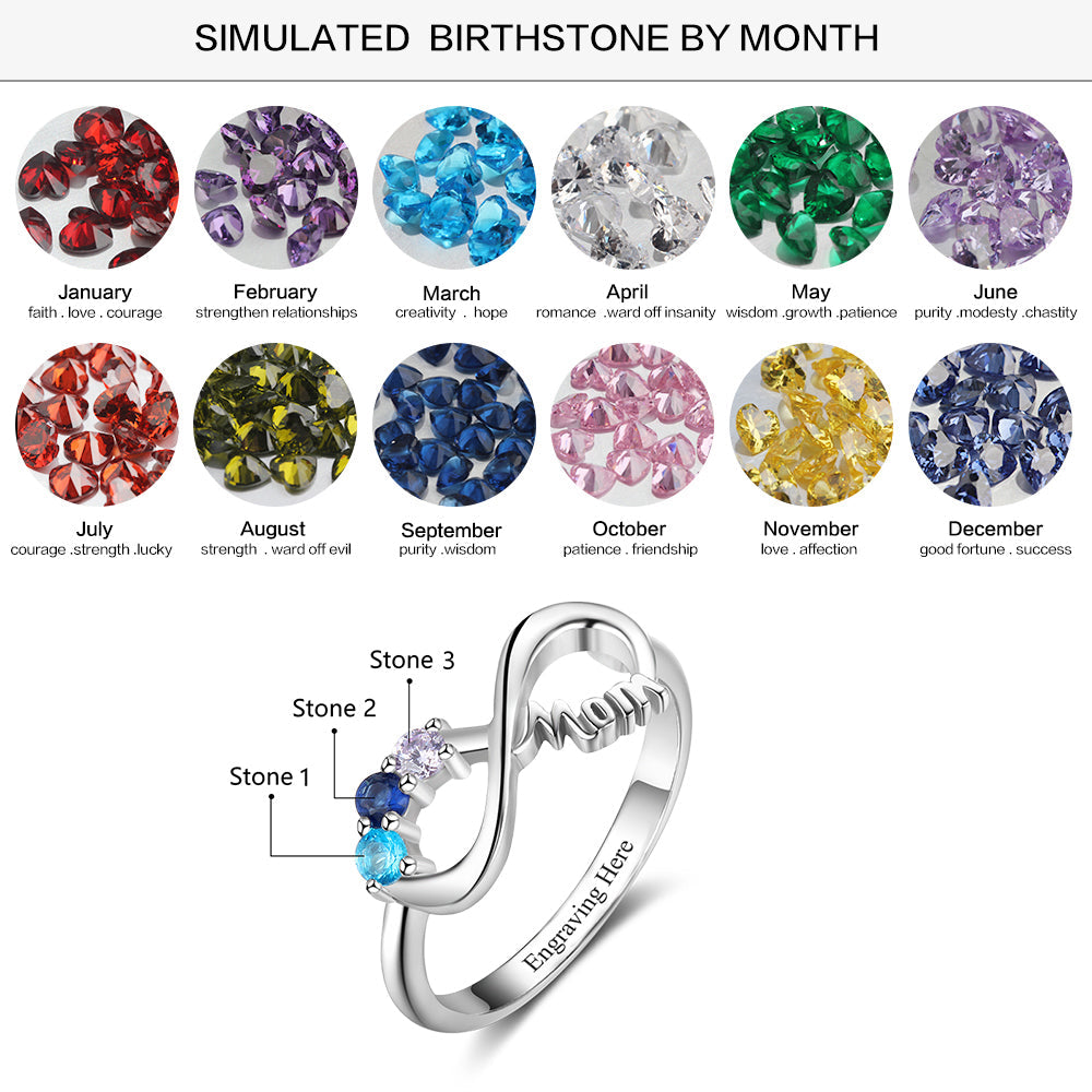JO Mother's Ring 3 Stone Infinite Love Engraved Mother's Infinity Ring