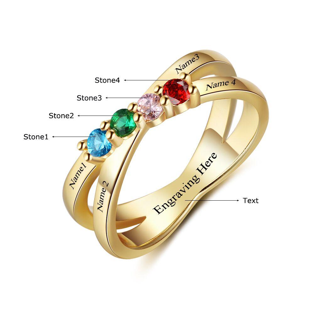JO Mother's Ring 4 Birthstone Gold Mother's Ring Lined Hearts Split Band 4 Names