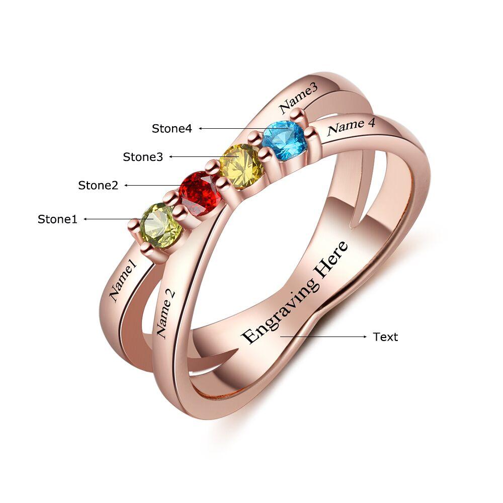 JO Mother's Ring 4 Birthstone Gold Mother's Ring Lined Hearts Split Band 4 Names