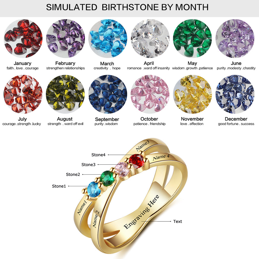 JO Mother's Ring 4 Birthstone Gold Mother's Ring Lined Hearts Split Band 4 Names