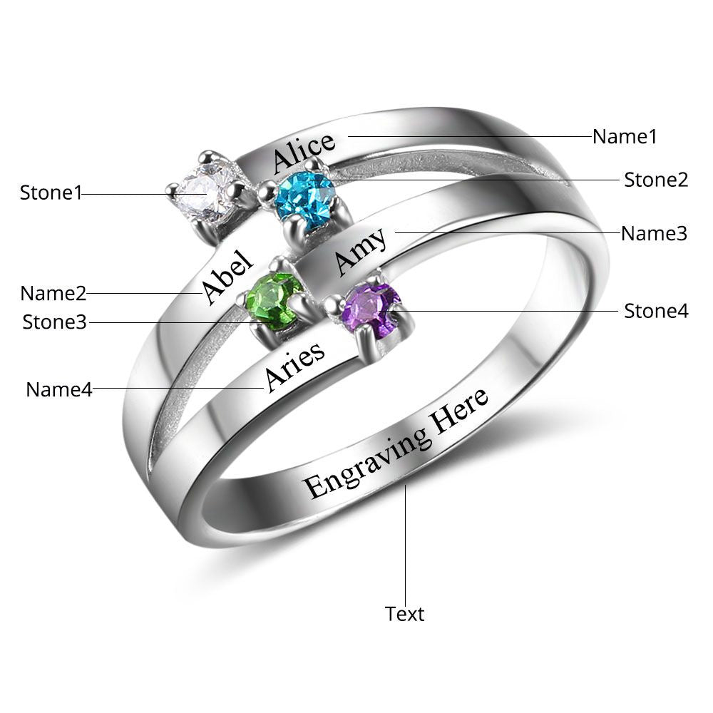 JO Mother's Ring 4 Birthstone Mother's Ring 4 Split Ribbon Band 4 Names