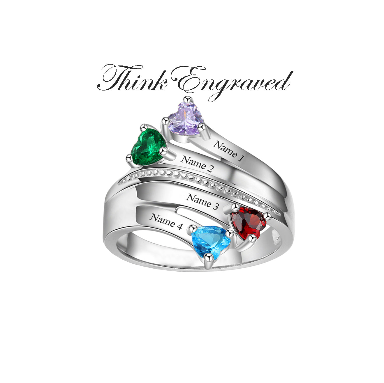 JO Mother's Ring 4 Birthstone Mother's Ring Passing Hearts Ribbon 4 Names