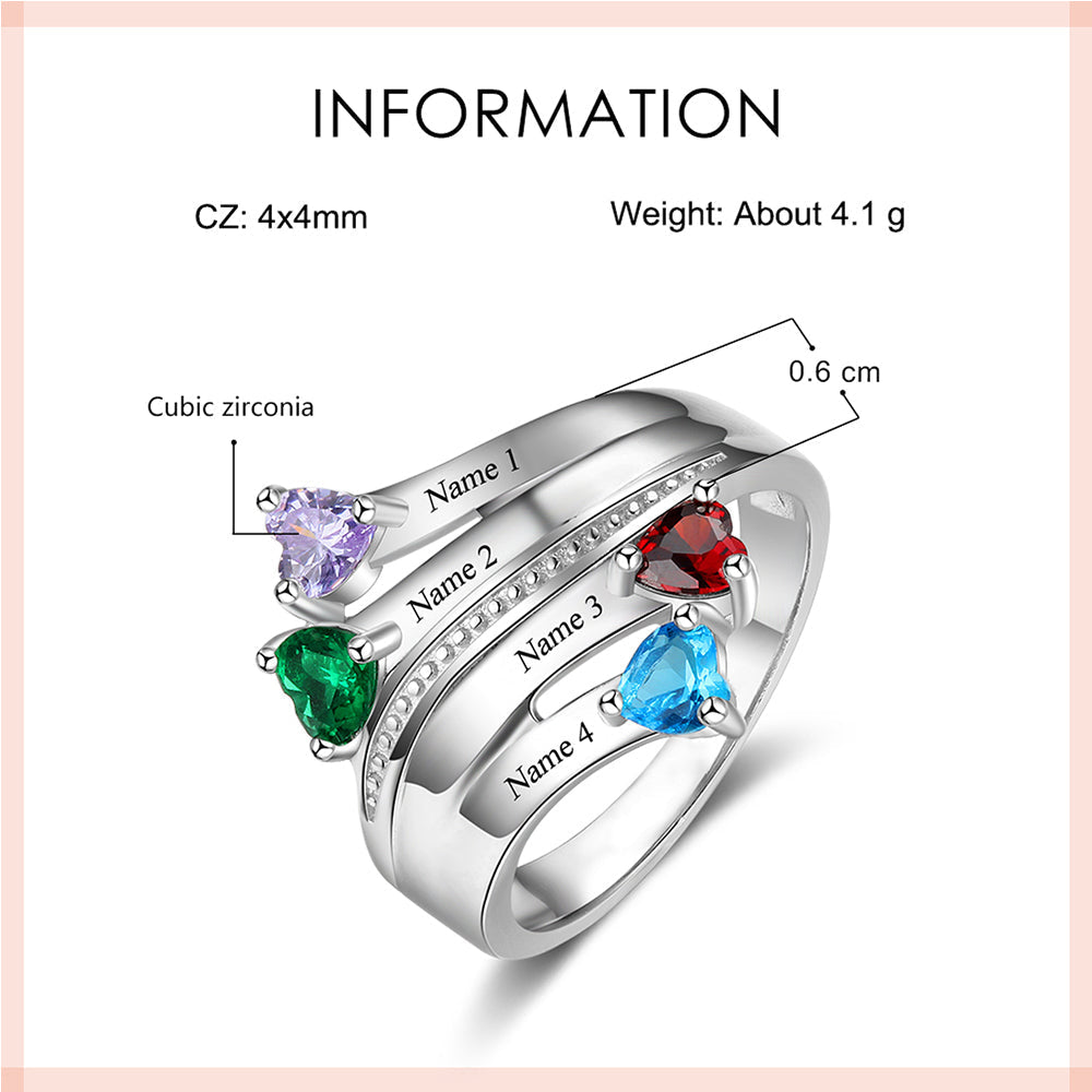 JO Mother's Ring 4 Birthstone Mother's Ring Passing Hearts Ribbon 4 Names