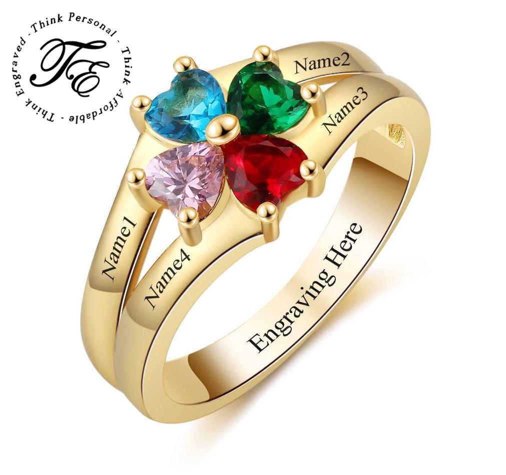 JO Mother's Ring 4 Heart Birthstone Mother's Ring 14k Gold Flower Flower Design