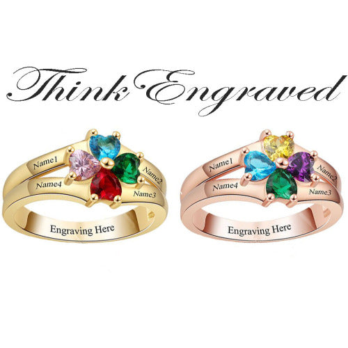 JO Mother's Ring 4 Heart Birthstone Mother's Ring 14k Gold Flower Flower Design