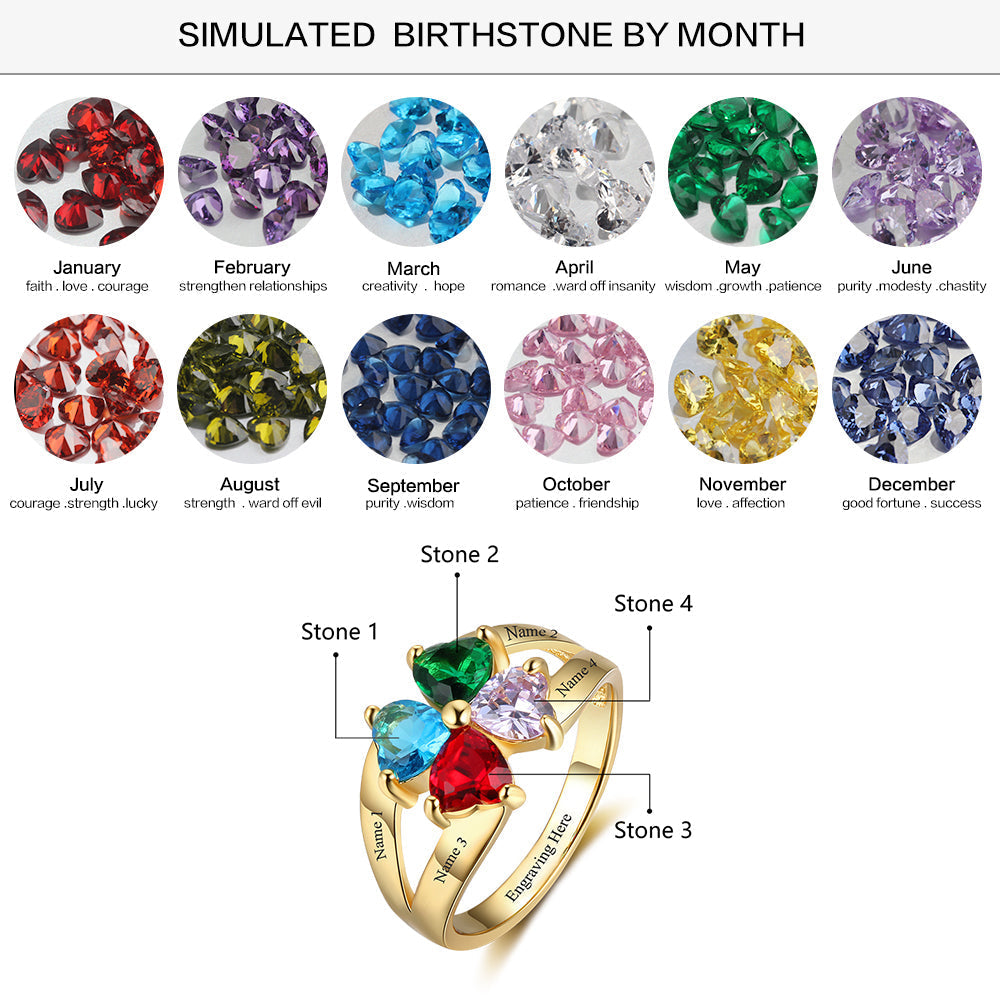 JO Mother's Ring 4 Heart Birthstone Mother's Ring 14k Gold Hearts Together 4 Names