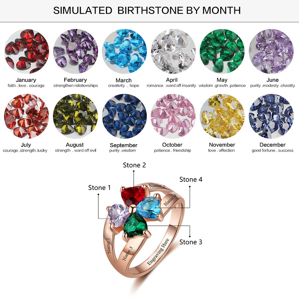 JO Mother's Ring 4 Heart Birthstone Mother's Ring 14k Gold Hearts Together 4 Names
