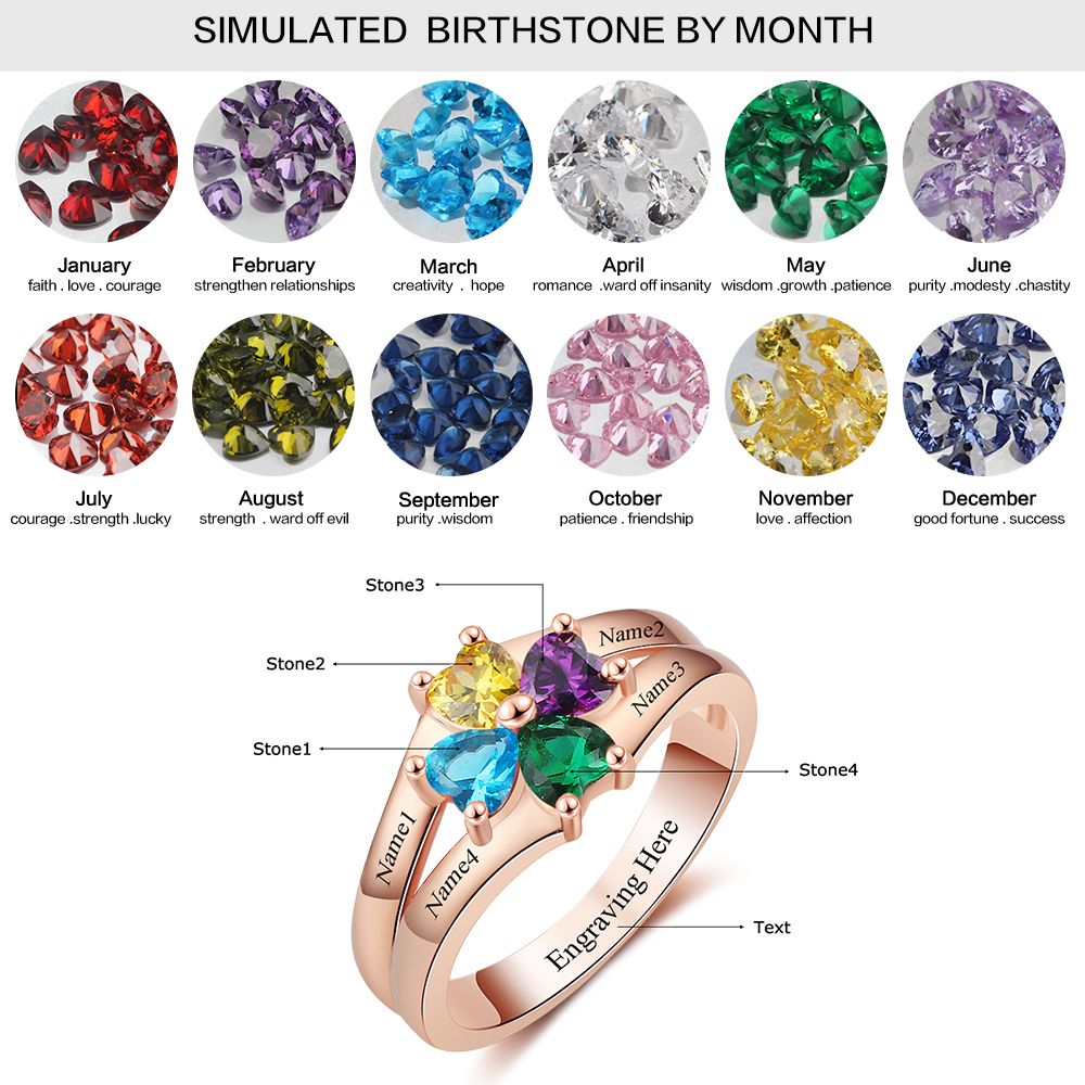 JO Mother's Ring 6 / 14K rose gold over sterling silver 4 Heart Birthstone Mother's Ring 14k Gold Flower Flower Design