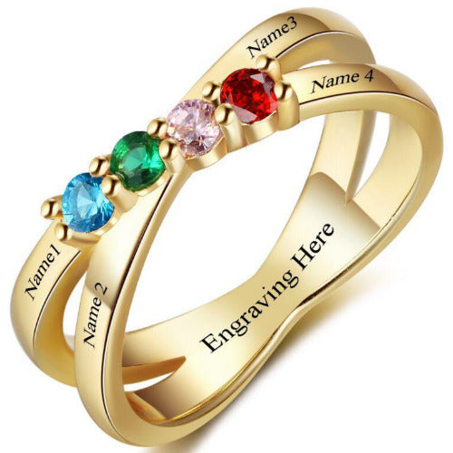 JO Mother's Ring 6 4 Birthstone Gold Mother's Ring Lined Hearts Split Band 4 Names
