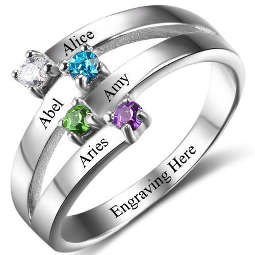 JO Mother's Ring 6 4 Birthstone Mother's Ring 4 Split Ribbon Band 4 Names