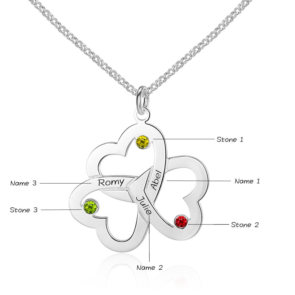 JO Mother's Ring .925 Sterling Silver 3 Birthstone Mothers Family Necklace Linked Hearts 3 Names