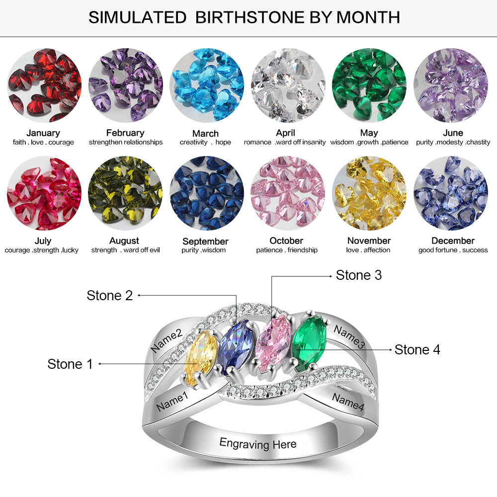 JO Mother's Ring Mother's Ring 4 Marquis Birthstones 4 Engraved Names