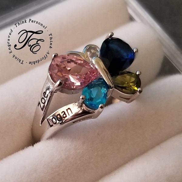 JO Mother's Ring Personalized 4 Birthstone Butterfly Mother's Ring 4 Engraved Names