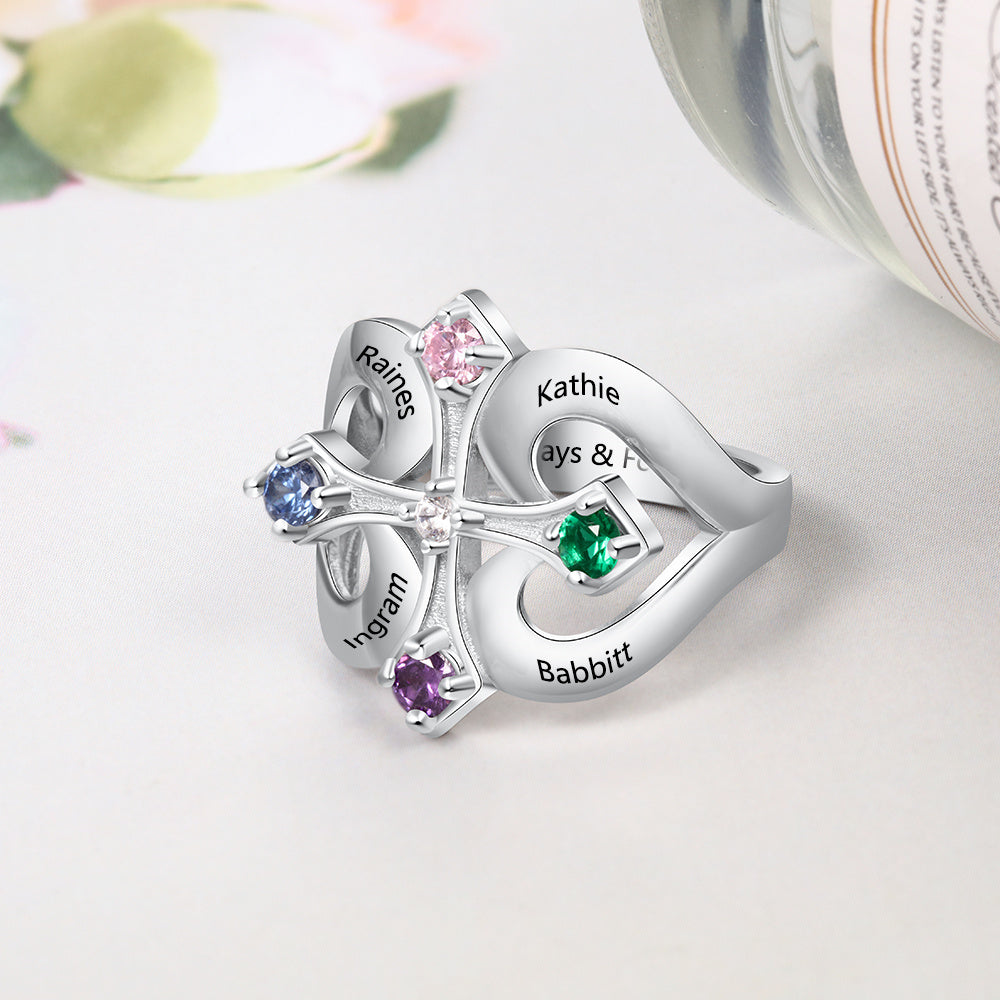 JO Mother's Ring Personalized Iron Cross Mother's Ring 4 Birthstones 4 Engraved Names