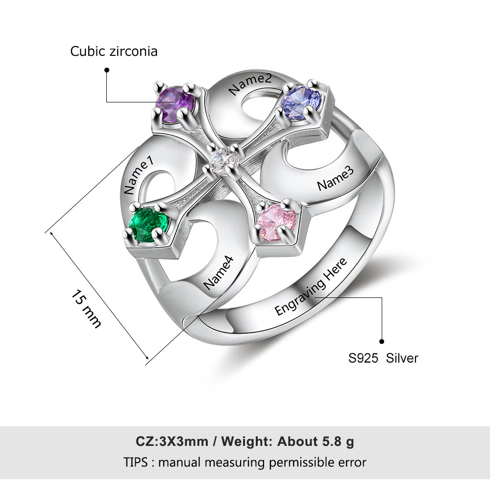 JO Mother's Ring Personalized Iron Cross Mother's Ring 4 Birthstones 4 Engraved Names