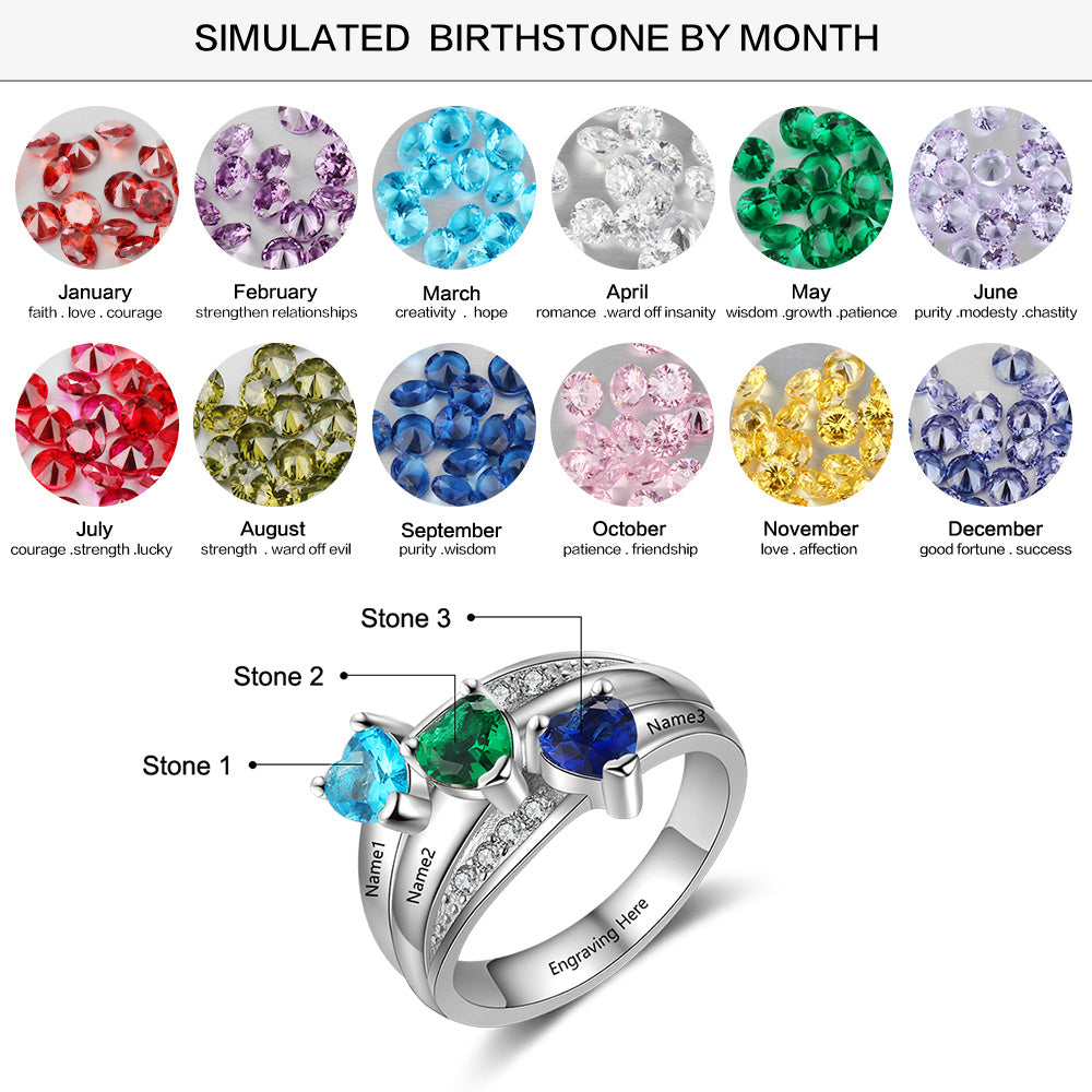 JO Mother's Ring Personalized Mother's Ring 3 Heart Birthstones 3 Engraved Names