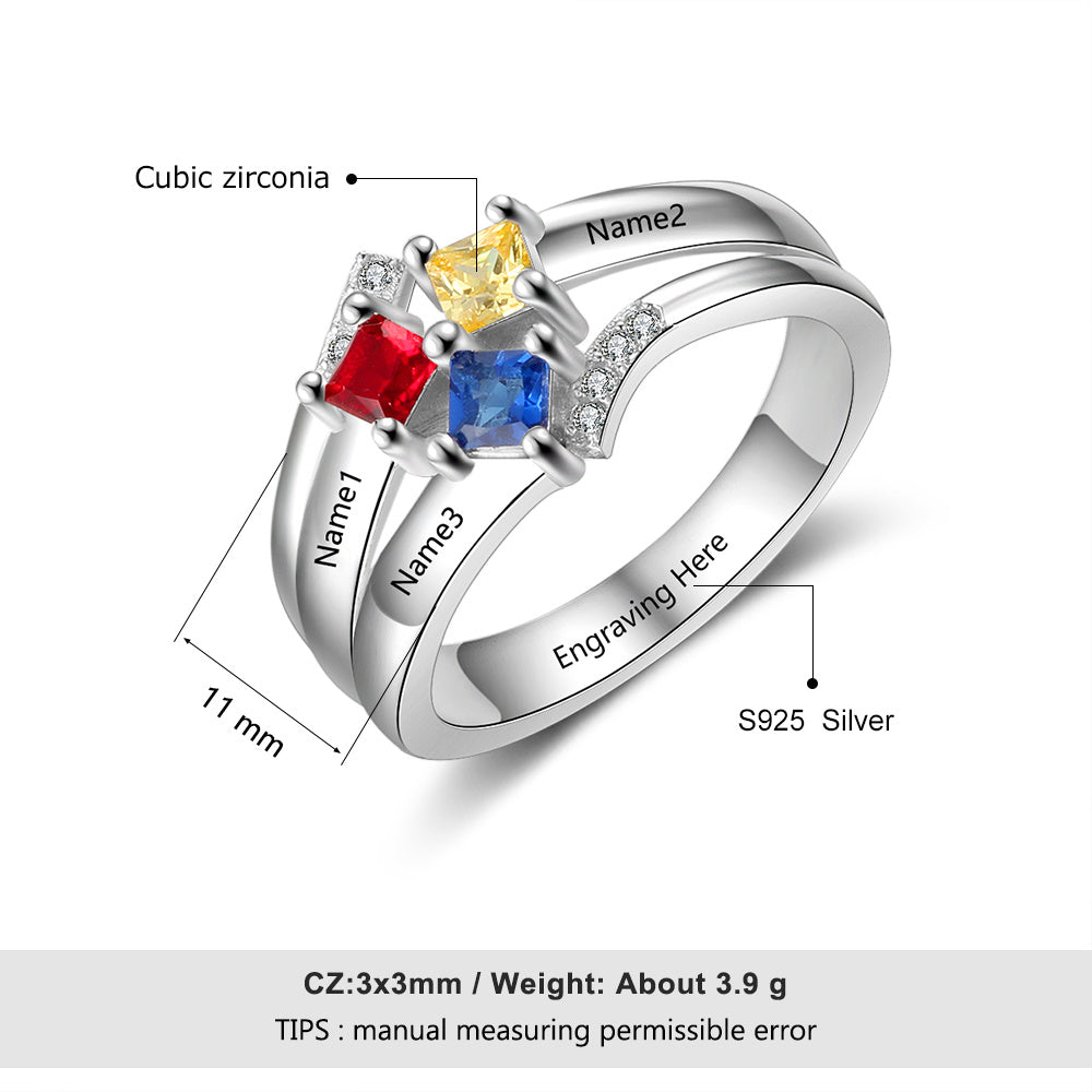 JO Mother's Ring Personalized Mother's Ring 3 Square Birthstones 3 Engraved Names