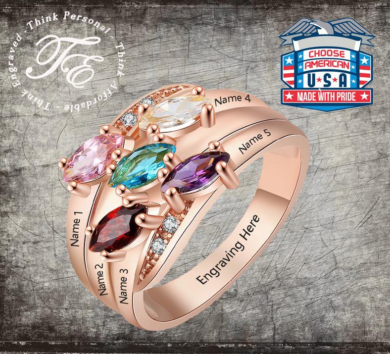 JO Mother's Ring Personalized Mother's Ring 5 Marquis Birthstones Rose Gold IP