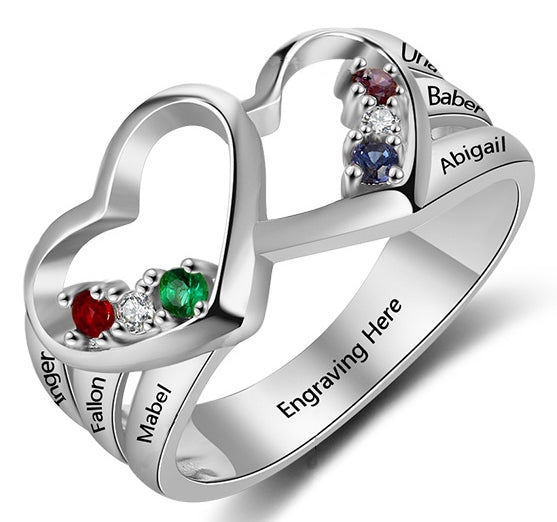 JO Mother's Ring Personalized Mother's Ring 6 Stones 6 Names Double Heart Design