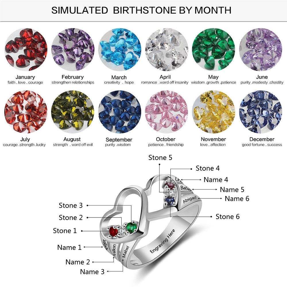 JO Mother's Ring Personalized Mother's Ring 6 Stones 6 Names Double Heart Design