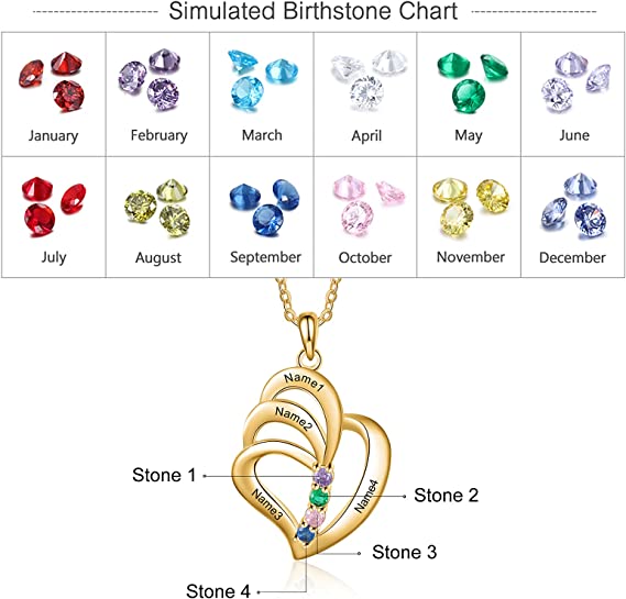 JO mothers necklace 14K Gold Over Sterling Mother's Necklace 3 Birthstones and 3 Engraved Names Heart Pendant