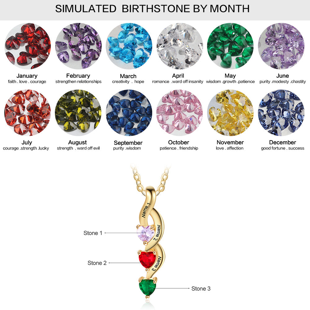 JO mothers necklace 14k gold over sterling silver 3 Birthstone Shooting Hearts Mothers Necklace 3 Names