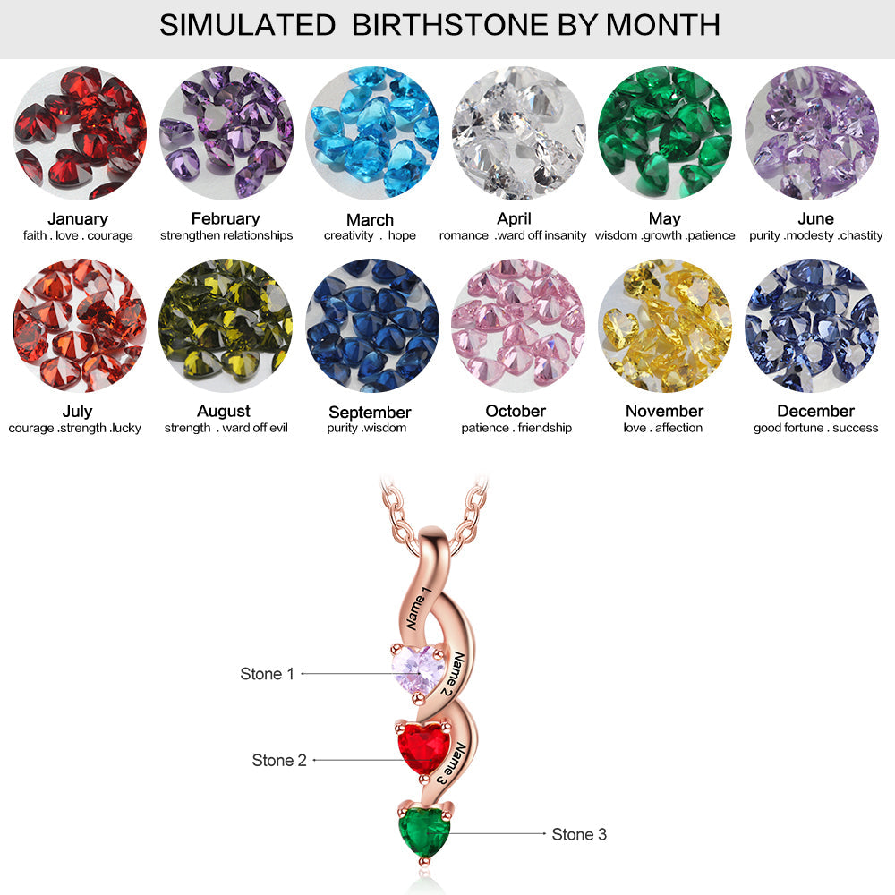 JO mothers necklace 14k rose gold over sterling silver 3 Birthstone Shooting Hearts Mothers Necklace 3 Names