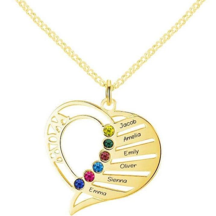 6 Birthstone Gold Mother's Necklace Mom's Heart Pendant 6 Names