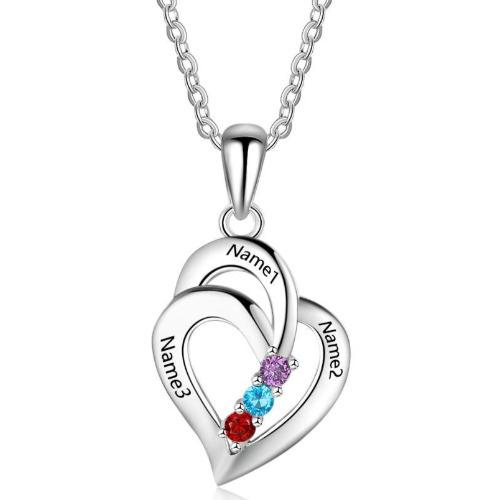 JO mothers necklace .925 Sterling Silver Mother's Necklace 3 Birthstones and 3 Engraved Names Heart Pendant
