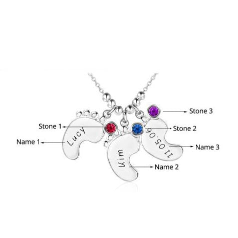 JO mothers necklace Baby Feet Mother's Neckalce - 3 Birthstones and 3 Names
