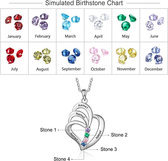 JO mothers necklace Mother's Necklace 3 Birthstones and 3 Engraved Names Heart Pendant
