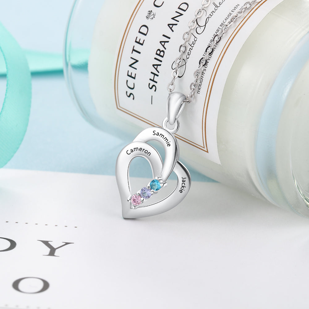 JO mothers necklace Mother's Necklace 3 Birthstones and 3 Engraved Names Heart Pendant