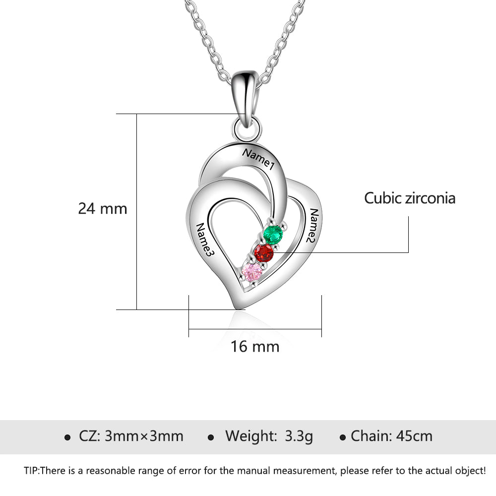 JO mothers necklace Mother's Necklace 3 Birthstones and 3 Engraved Names Heart Pendant