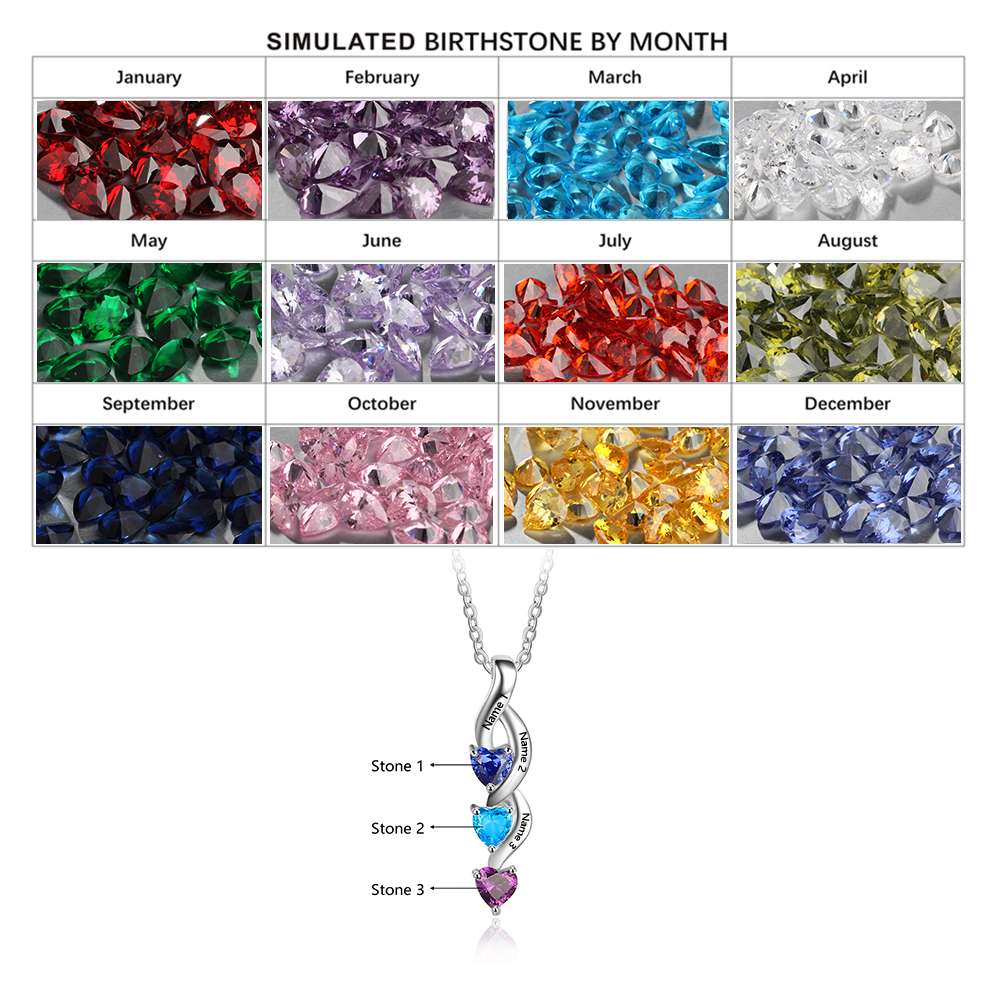 JO mothers necklace Sterling Silver 3 Birthstone Shooting Hearts Mothers Necklace 3 Names