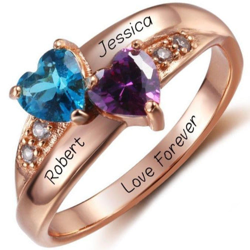 Personalized Birthstone Two Hearts Rose Gold Mother's Ring