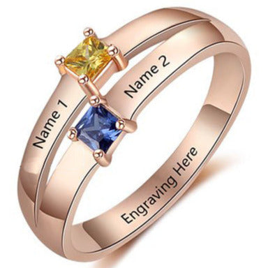 JO Peronalized Ring 6 Mother's Ring 2 Stone 2 Engraved Names 14k Rose Gold IP