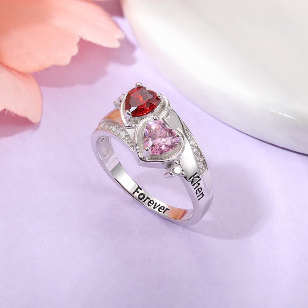 JO Peronalized Ring Mother's Ring 2 Birthstones with 2 Engraved Names 925 Sterling Silver