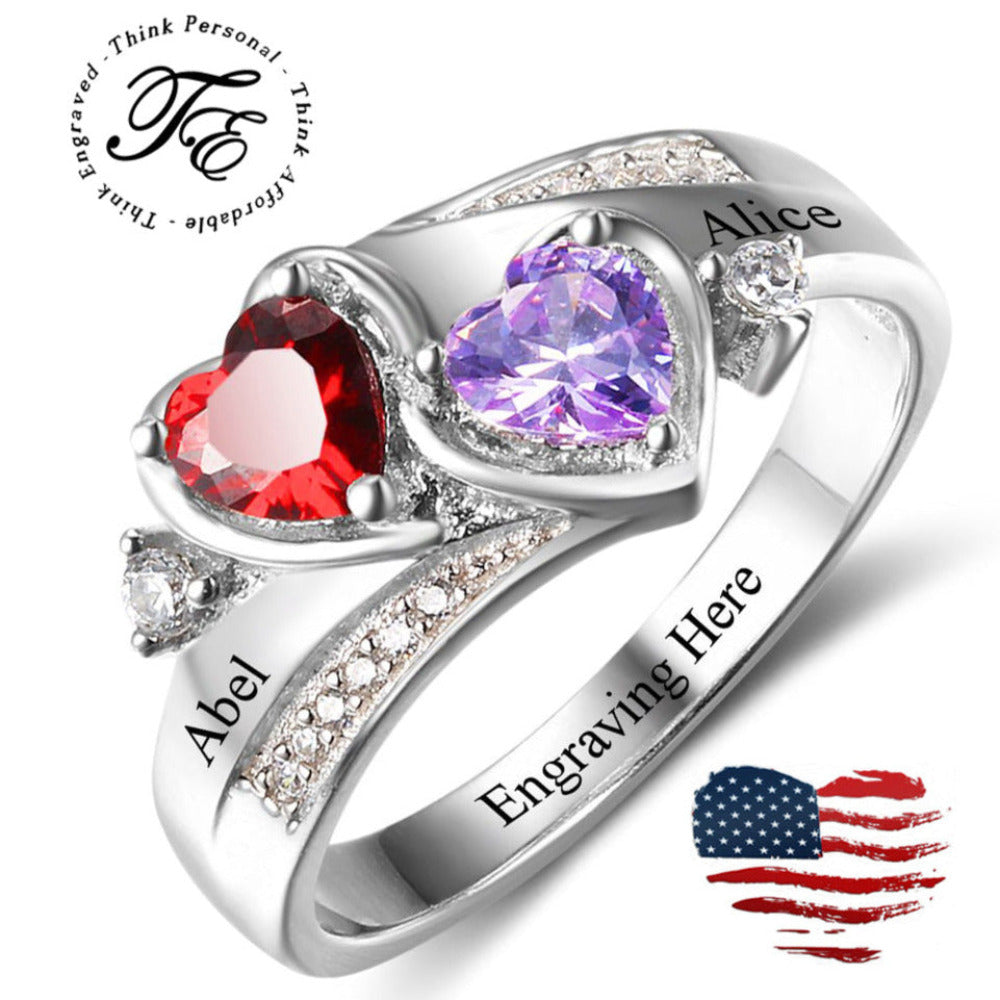 JO Peronalized Ring Mother's Ring 2 Birthstones with 2 Engraved Names 925 Sterling Silver