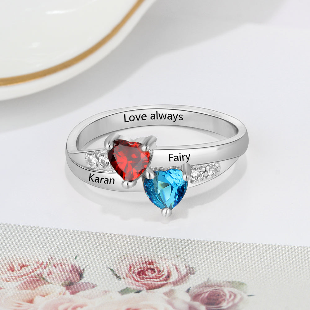 JO Peronalized Ring Personalized 2 Birthstones True Hearts Mothers Ring 2 Engraved Names