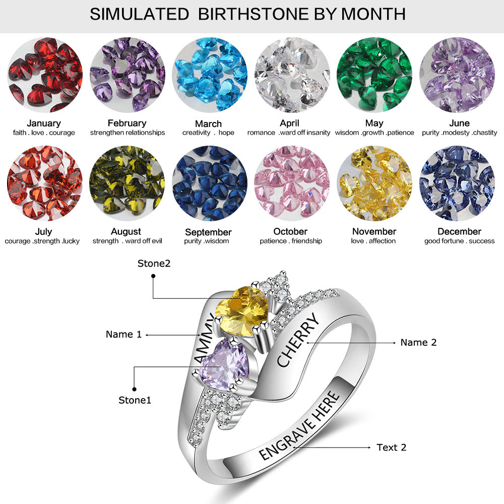 JO Peronalized Ring Personalized 2 Heart Birthstone Silver Mother's Ring - Classic Design 2 Engraved Names